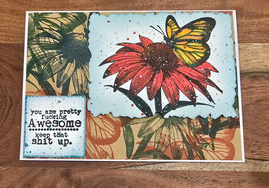 Coordinating Gift Set - "You are pretty fucking awesome. Keep that shit up." - Handmade Greeting Card, Zippered Canvas Pencil Pouch, and Bookmark (Flower & Butterfly theme)