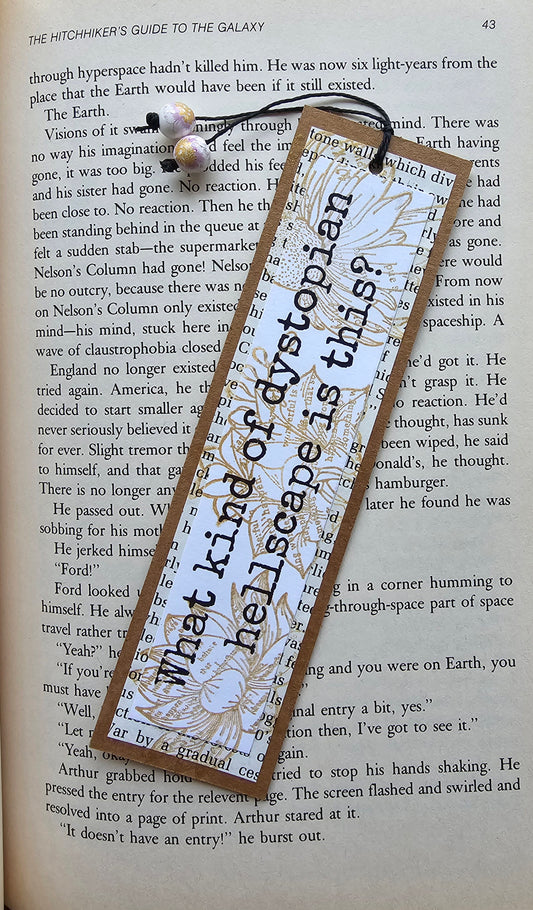 What kind of dystopian hellscape is this? (Handmade double-sided bookmark)