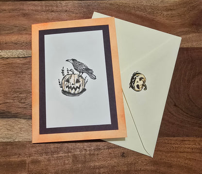 Halloween - Crow + Pumpkin (Handmade Greeting Card)