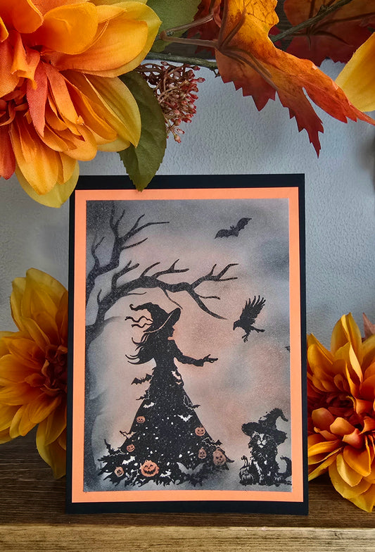 Halloween witch and cat (Handmade Halloween Greeting Card)