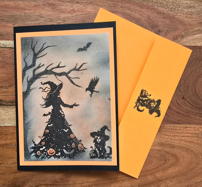 Halloween witch and cat (Handmade Halloween Greeting Card)