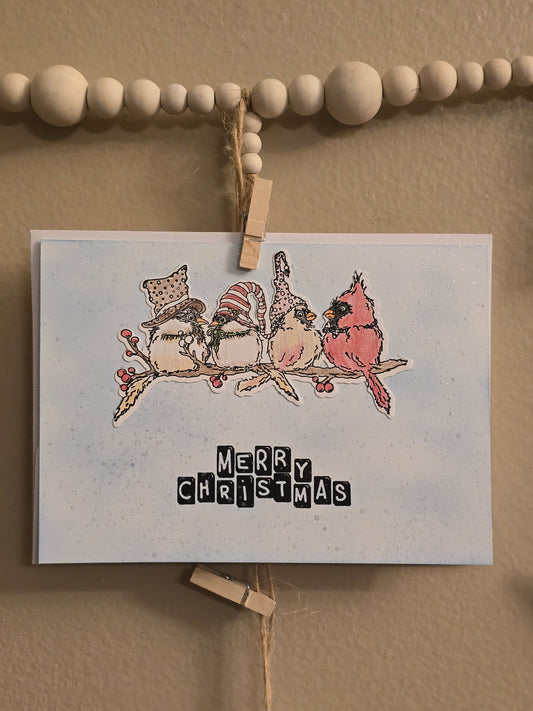 "Merry Christmas" Birds on a Branch Handmade Holiday Card