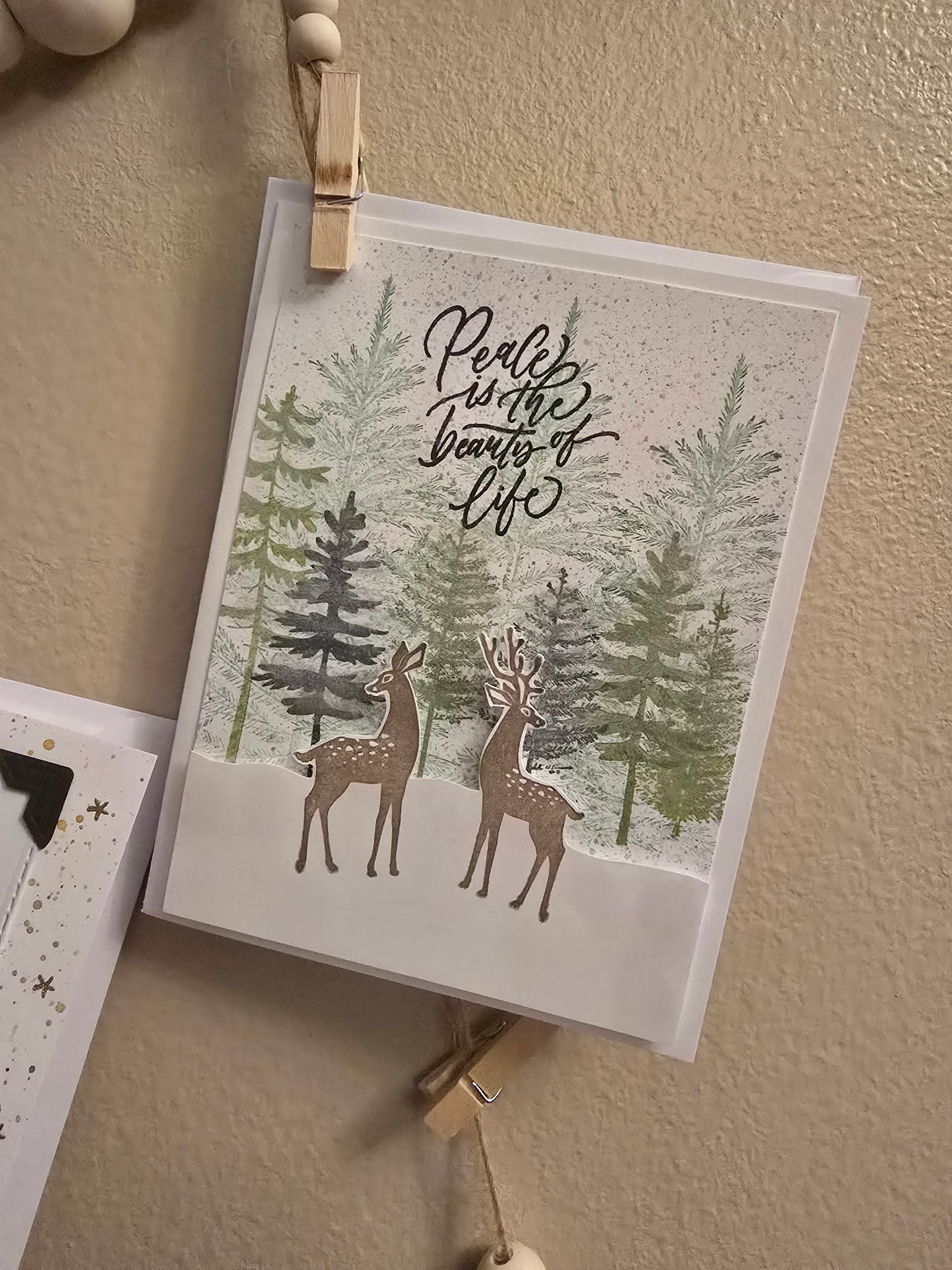"Peace is the beauty of life" Pine Trees and Reindeer Handmade Holiday Card