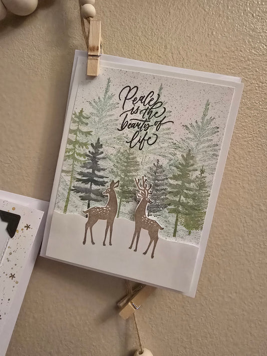 "Peace is the beauty of life" Pine Trees and Reindeer Handmade Holiday Card