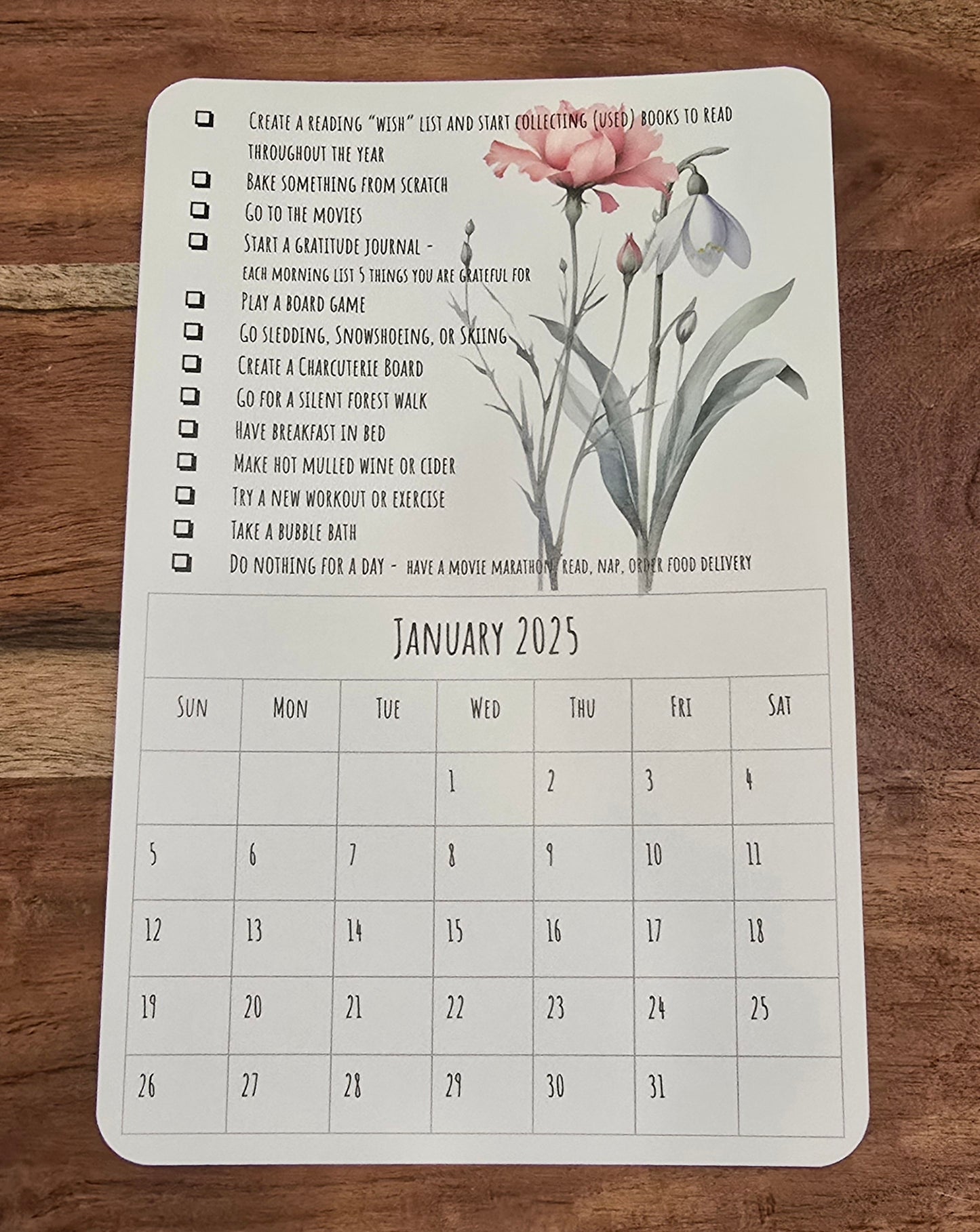 2025 8.5"x5.5" Desktop Bucket List Calendar with Birth Month Flowers (does not include easel)