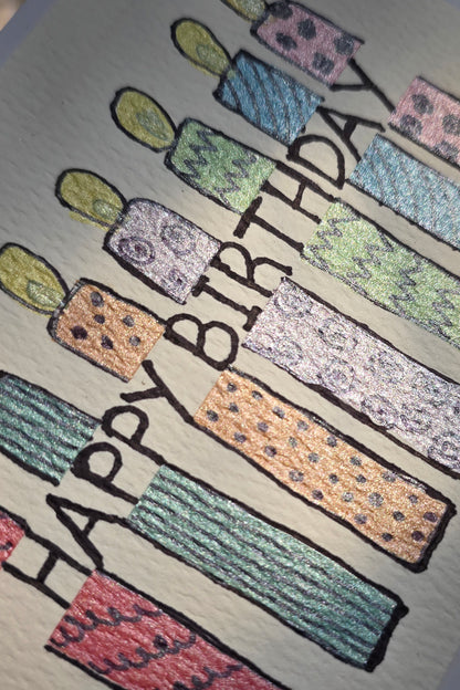 "Happy Birthday" watercolor candles, Handmade Birthday Card