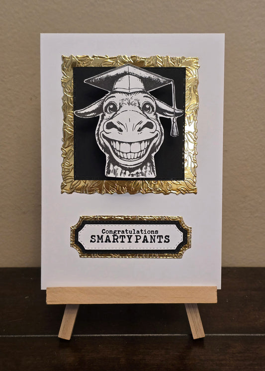 "Congratulations SMARTYPANTS" Handmade Graduation Card (with wobbly spring action effect)